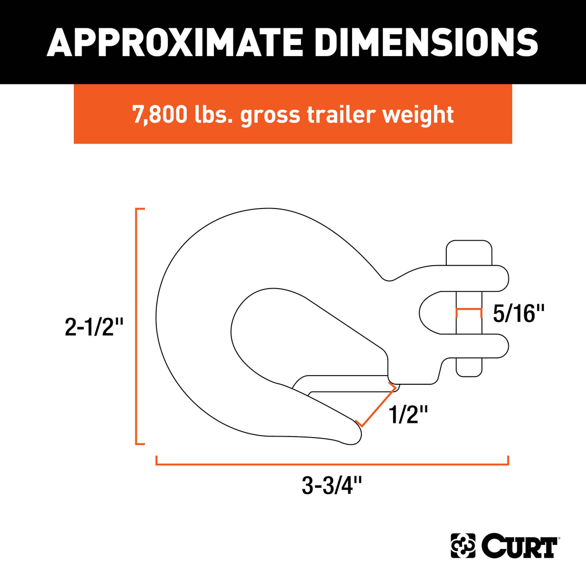 CURT 81900 1/4-Inch Forged Steel Clevis Slip Hook with Safety Latch, 7,800 lbs, 1/2-In Opening, 5/16" Pin