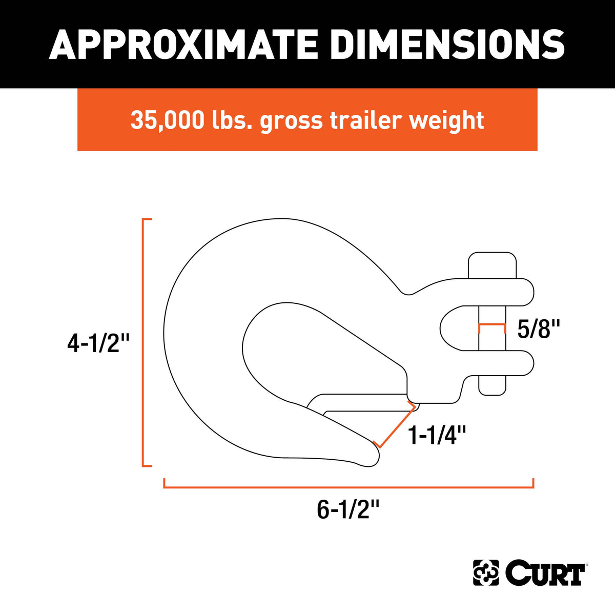 CURT 81910 1/2-Inch Forged Steel Clevis Slip Hook with Safety Latch, 35,000 lbs, 1-1/4-In Opening, 5/8" Pin