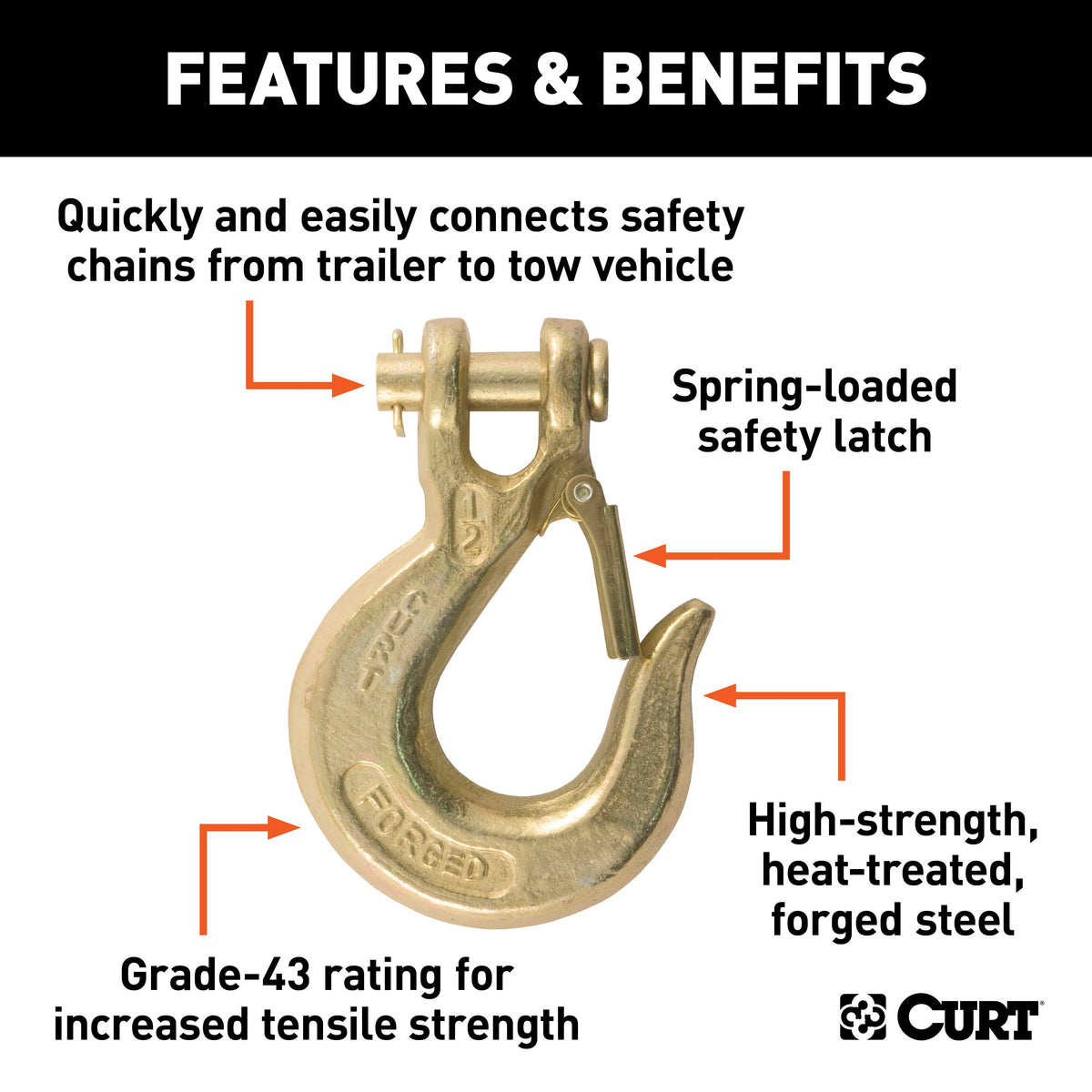 CURT 81910 1/2-Inch Forged Steel Clevis Slip Hook with Safety Latch, 35,000 lbs, 1-1/4-In Opening, 5/8" Pin