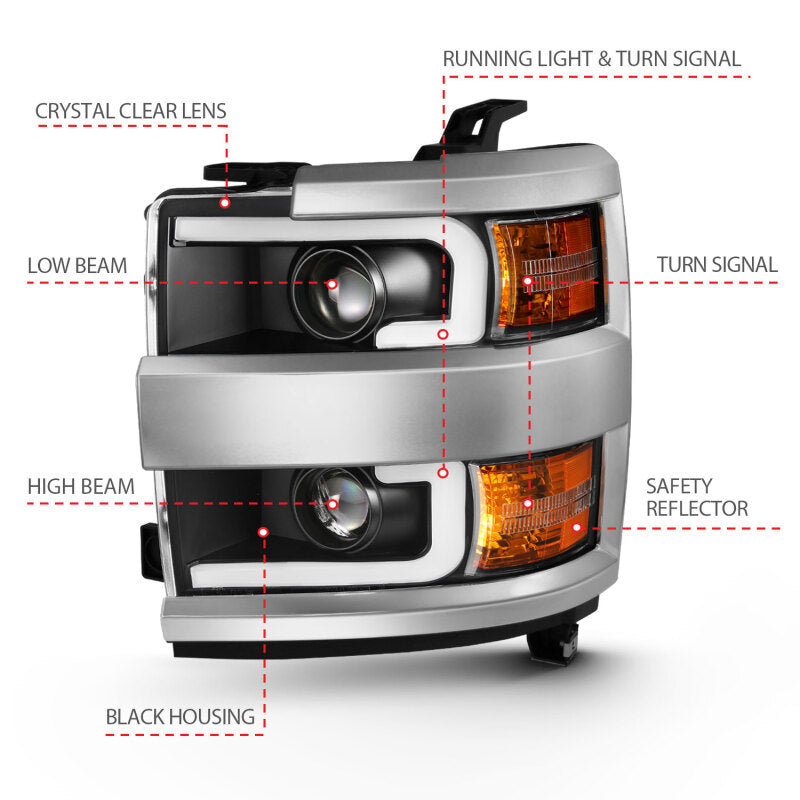ANZO 2015-2016 Chevrolet Silverado Projector Headlights w/ Plank Style Design Black w/ Amber - 111359