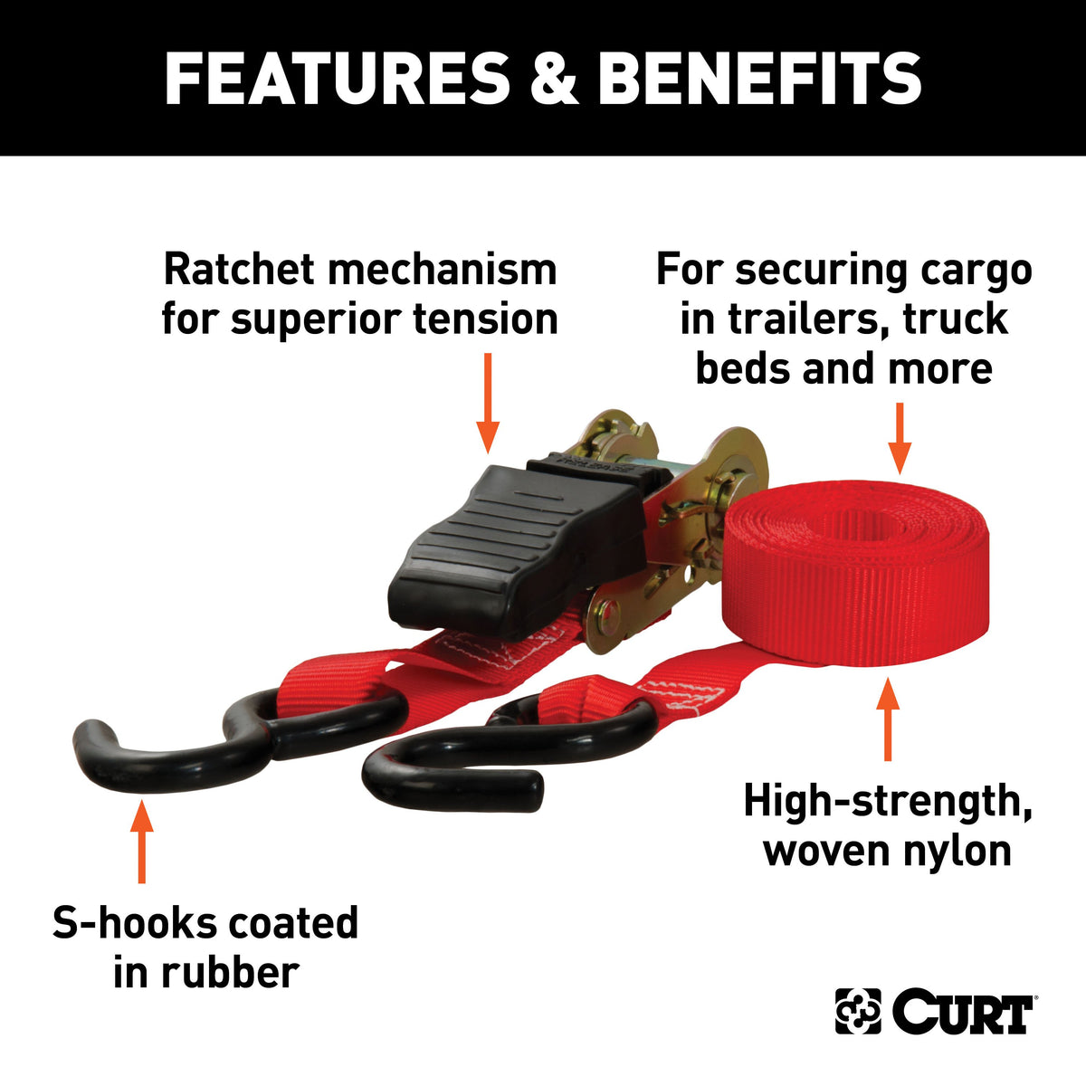 CURT 83001 1-Inch x 10-Foot Red Nylon Ratchet Straps, 1,500 lbs. Break Strength, 2-Pack