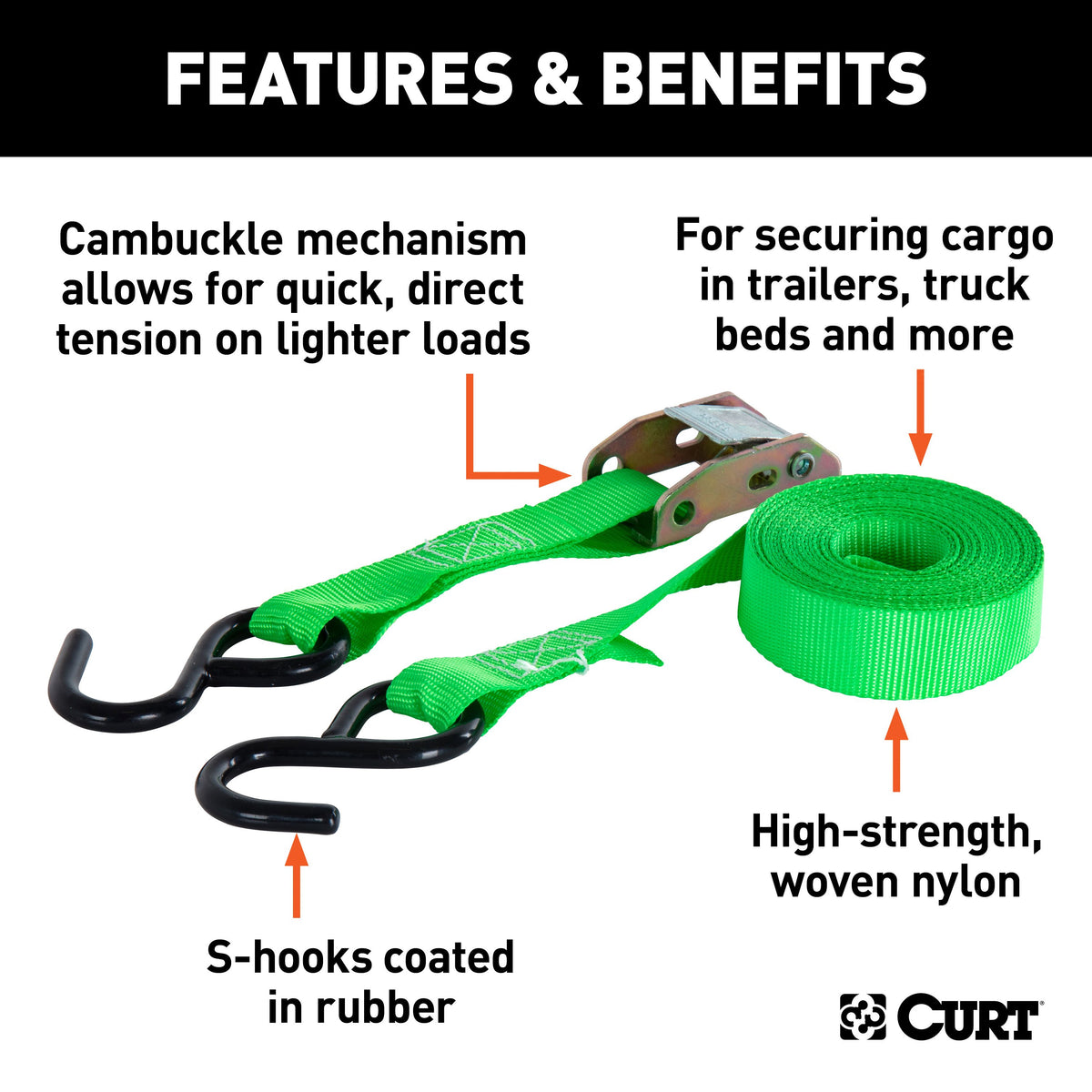 CURT 83015 1-Inch x 15-Foot Dark Green Nylon Cargo Straps, 900 lbs. Break Strength, 2-Pack