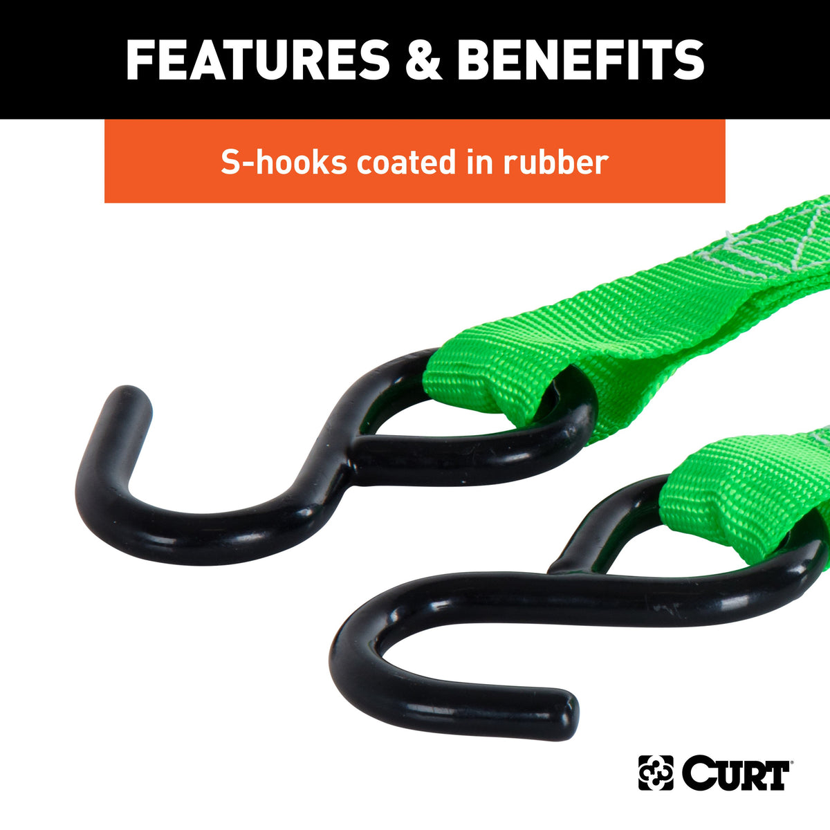 CURT 83015 1-Inch x 15-Foot Dark Green Nylon Cargo Straps, 900 lbs. Break Strength, 2-Pack