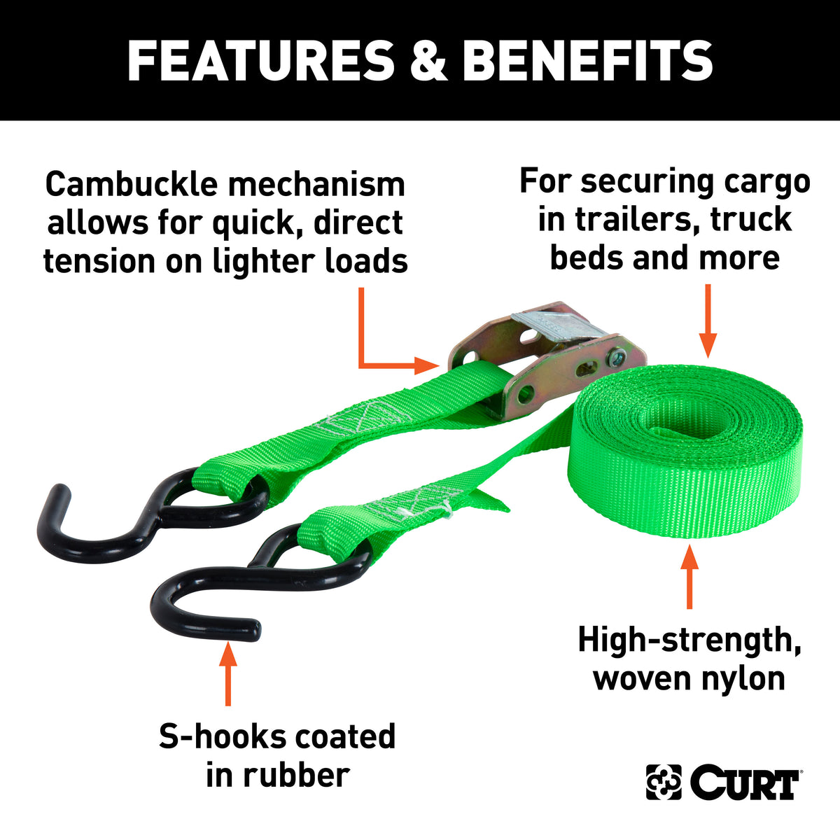 CURT 83016 1-Inch x 16-Foot Dark Green Nylon Cargo Straps, 900 lbs. Break Strength, 4-Pack