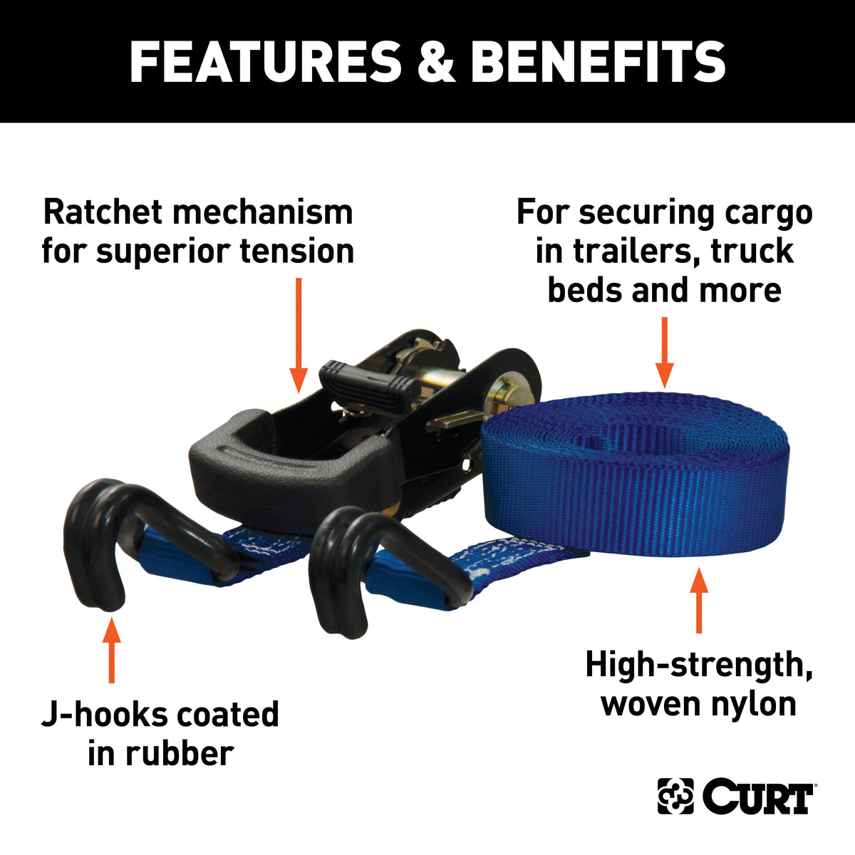 CURT 83019 1-Inch x 16-Foot Blue Nylon Ratchet Strap, 2,200 lbs. Break Strength