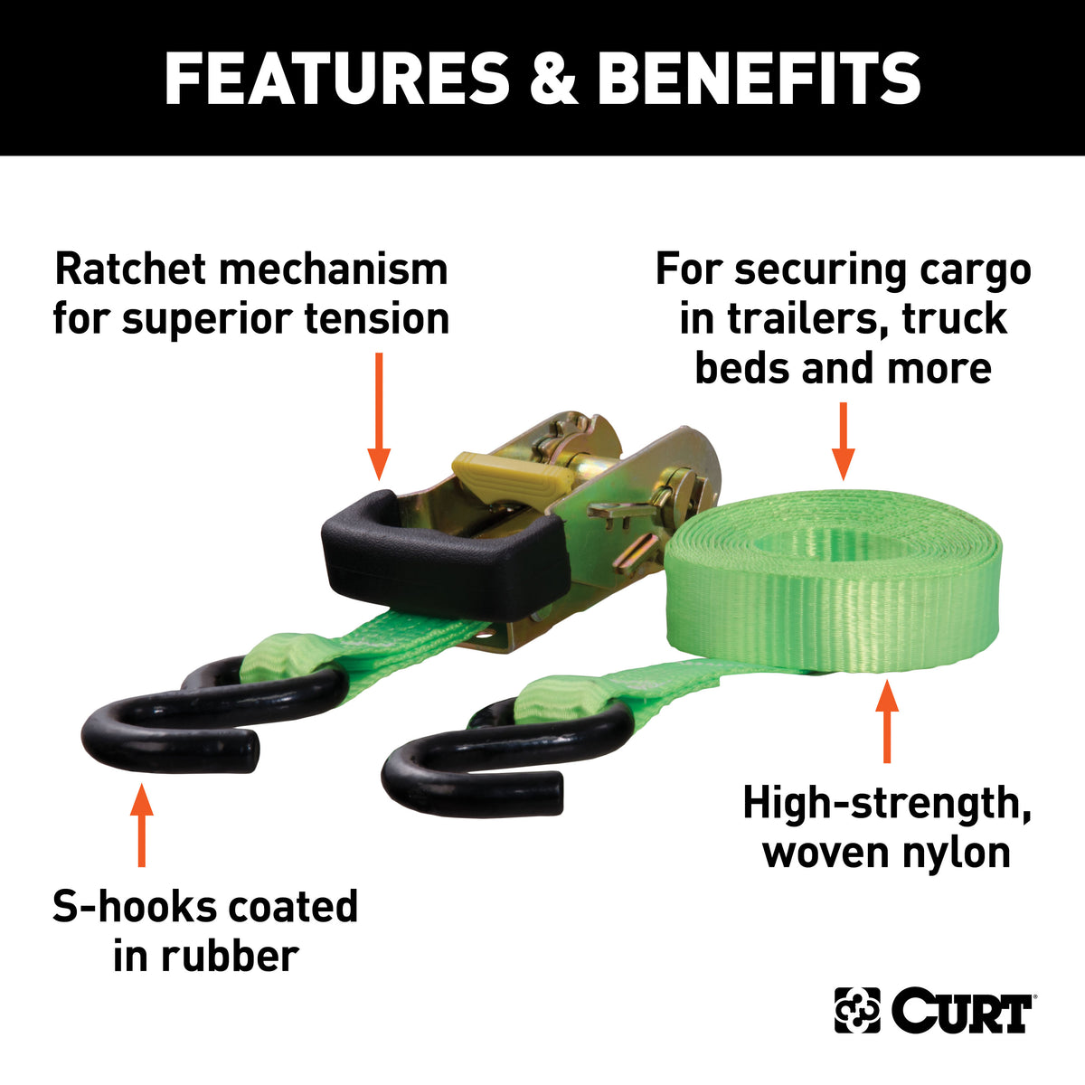 CURT 83027 1-Inch x 16-Foot Lime Green Nylon Ratchet Strap, 3,300 lbs. Break Strength