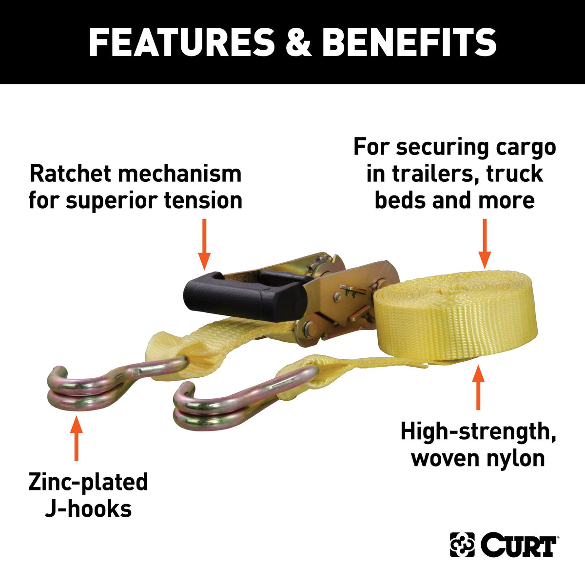 CURT 83036 1-1/2-Inch x 14-Foot Yellow Nylon Ratchet Strap, 5,000 lbs. Break Strength