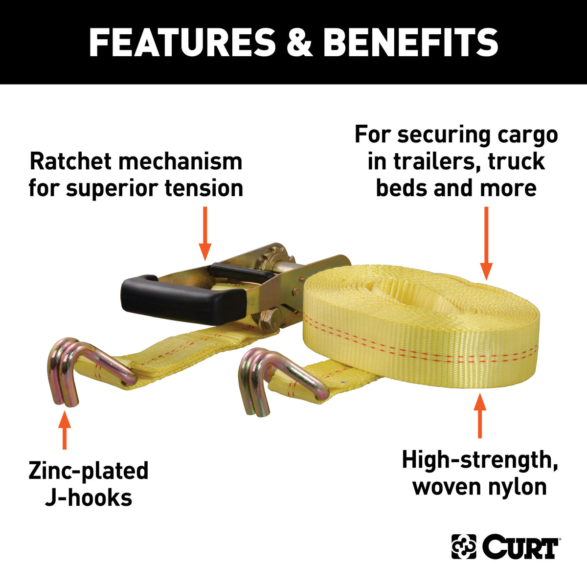 CURT 83047 2-Inch x 27-Foot Yellow Nylon Ratchet Strap, 10,000 lbs. Break Strength