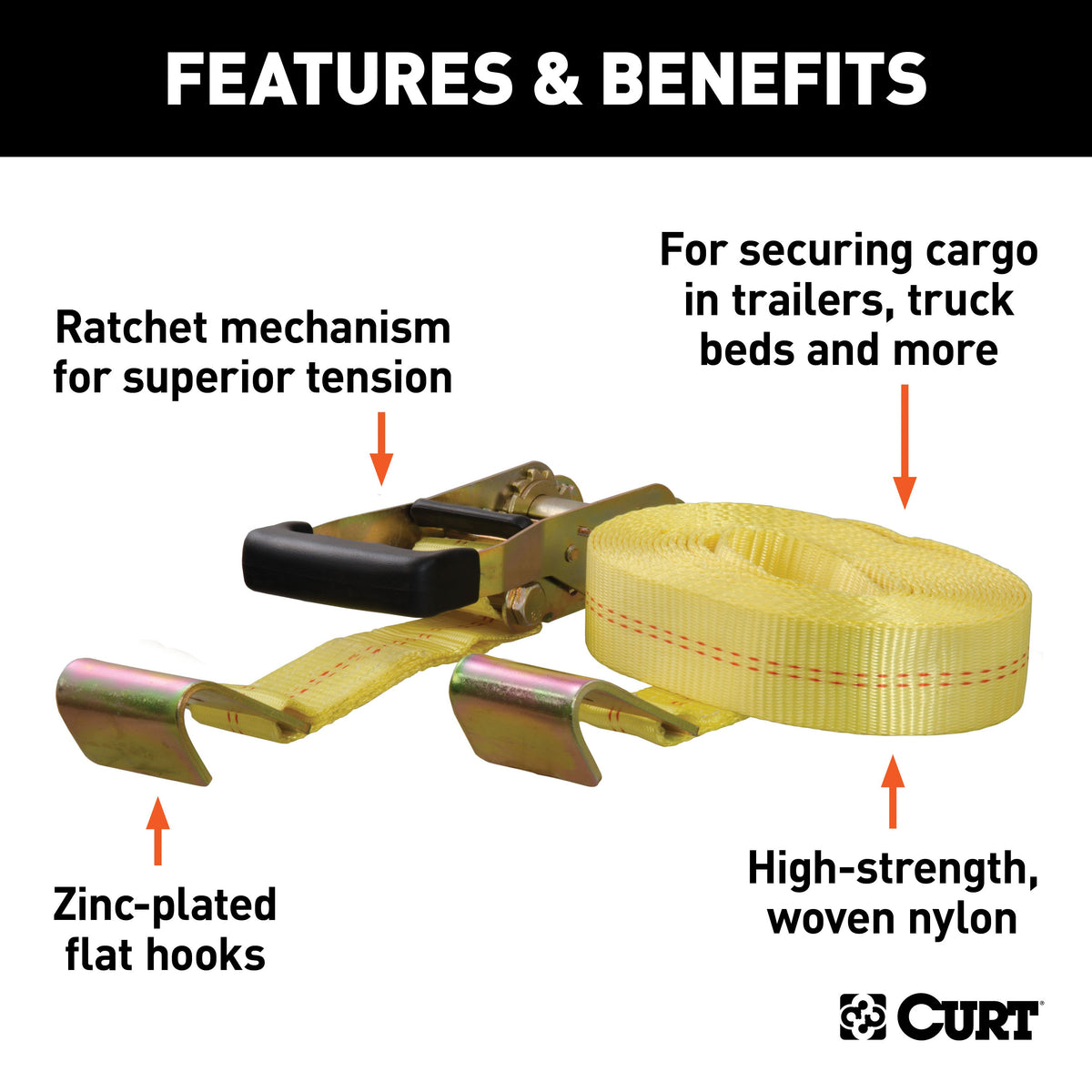 CURT 83048 2-Inch x 27-Foot Yellow Nylon Ratchet Strap, 10,000 lbs. Break Strength