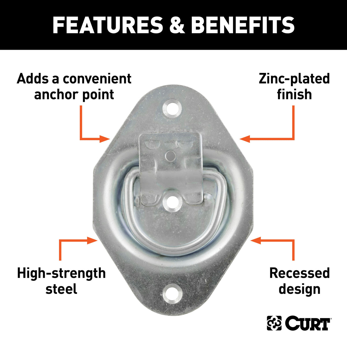 CURT 83601 1-3/8 x 1-7/8-Inch Recessed Trailer Rope Ring Tie Down Anchor, 1,200 lbs Break Strength