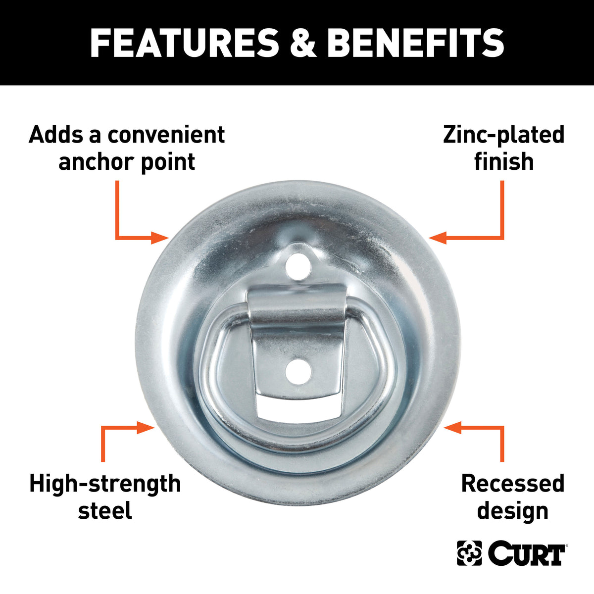 CURT 83710 1-1/8 x 1-5/8-Inch Recessed Trailer Rope Ring Tie Down Anchor, 1,000 lbs Break Strength