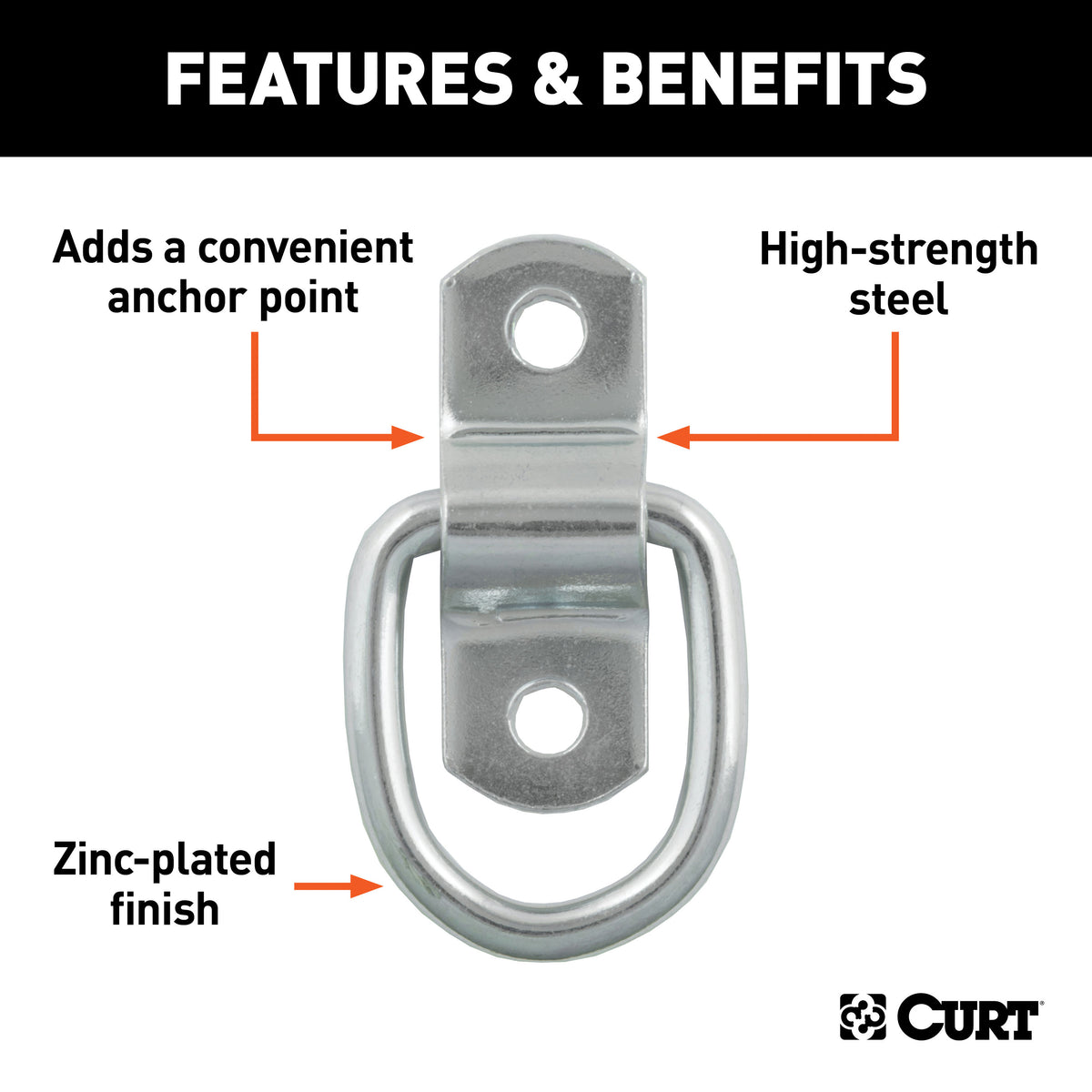 CURT 83730 1 x 1-1/4-Inch Surface-Mounted Trailer D-Ring Tie Down Anchor, 2,400 lbs Break Strength