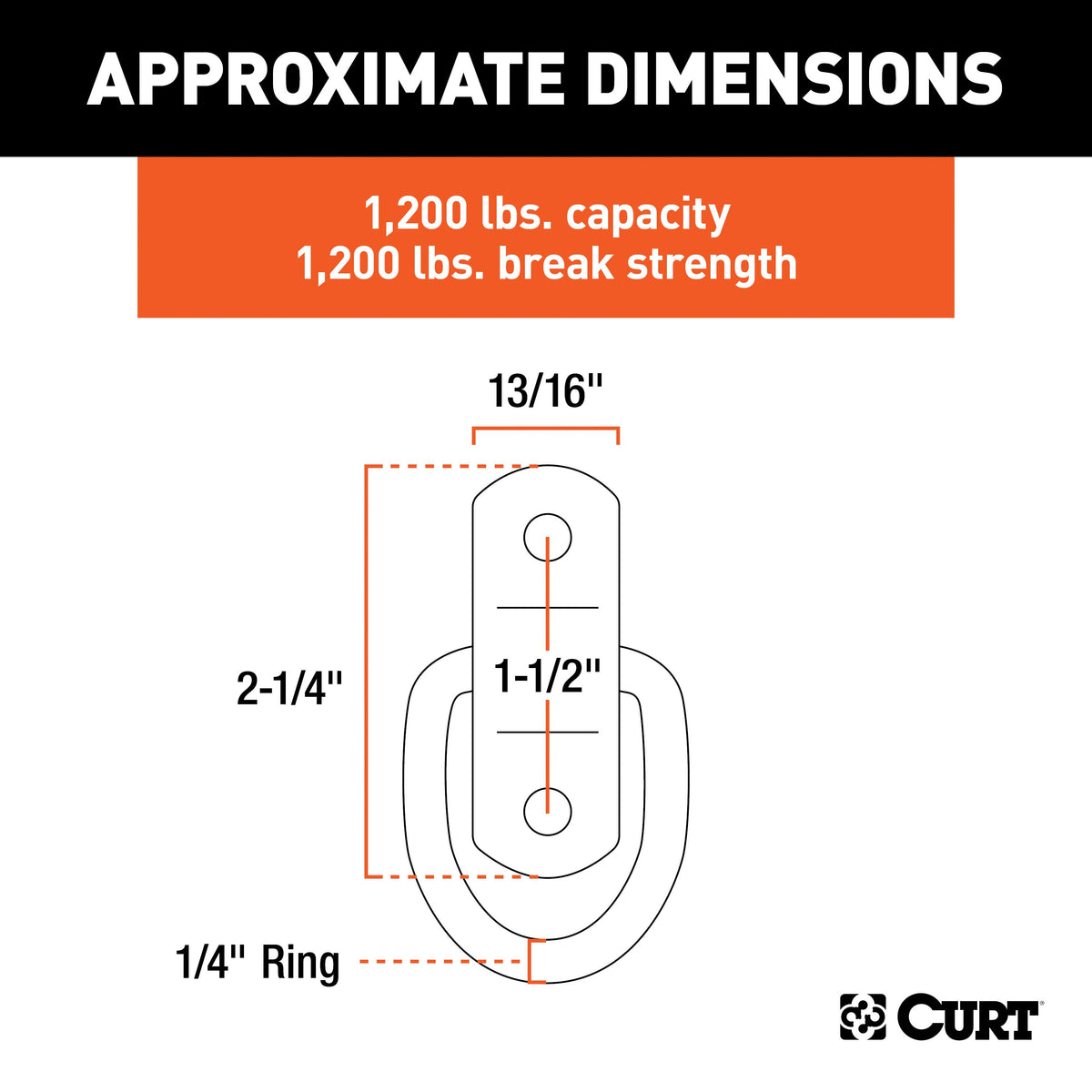 CURT 83732 1 x 1-1/4-Inch Surface-Mounted Stainless Steel Trailer D-Ring Tie Down Anchor, 2,400 lbs Break Strength