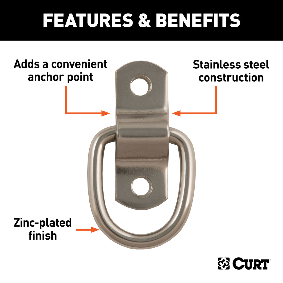 CURT 83732 1 x 1-1/4-Inch Surface-Mounted Stainless Steel Trailer D-Ring Tie Down Anchor, 2,400 lbs Break Strength