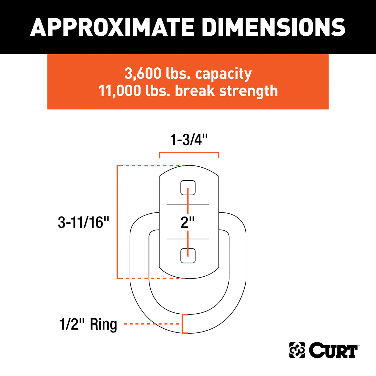 CURT 83740 3 x 3-Inch Surface-Mounted Trailer D-Ring Tie Down Anchor, 11,000 lbs Break Strength