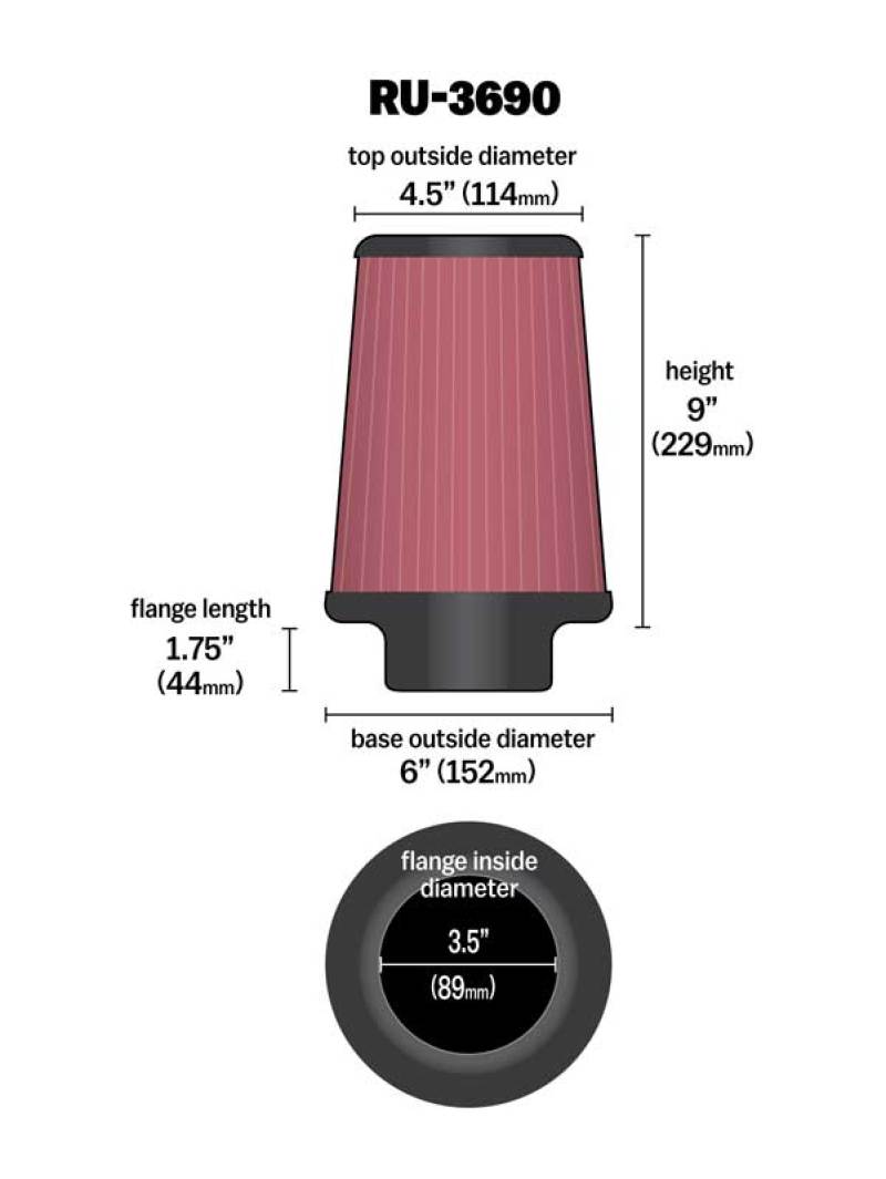 K&amp;N Universal Clamp-On Air Filter 3-1/2in FLG / 6in B / 4-1/2in T / 9in H - RU-3690