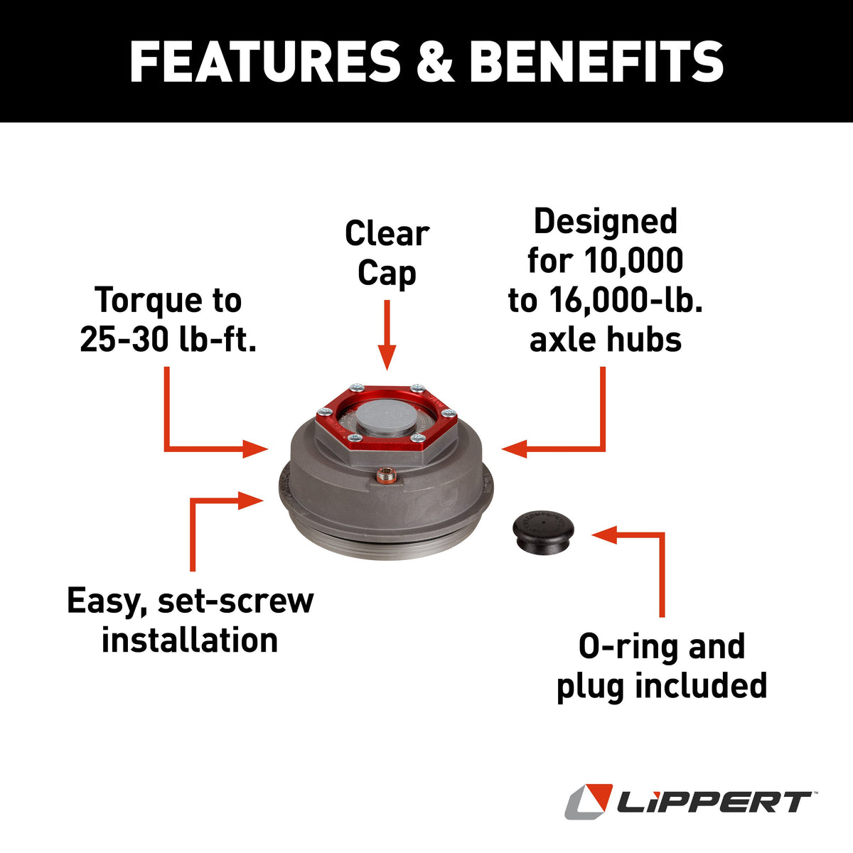 Lippert 85373828 Premium Threaded Dust Cap with Rubber Plug & O-Ring, 4" Diameter, 8,000-lb. Axles, Oil Lube