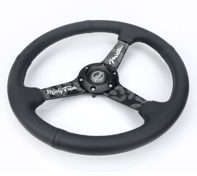 NRG Reinforced Black Perforated Leather Steering Wheel 350mm / 1.5in Deep w/ Goal Digger Blk Stitch - RST-037MB-BGD-R - close-up view 2 3