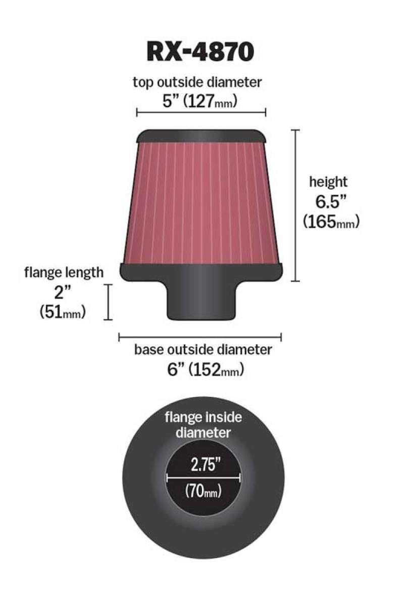 K&amp;N Filter Universal X Stream Clamp-On 2 3/4 inch Flange 6 inch Base  5 inch Top 6 1/2 inch Height - RX-4870