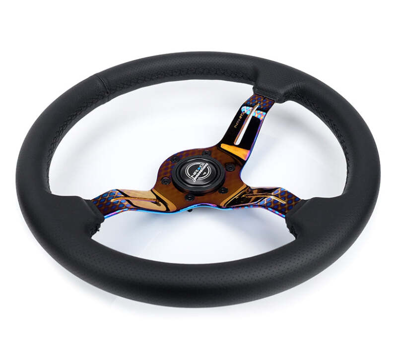 NRG Light Weight Gaming Steering Wheel - Splitz NeoChrome Silver Spokes Perforated Leather - ST-010MC-PR - close-up view