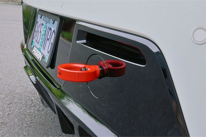 PERRIN 23-26 Toyota GR Corolla Rear Tow Hook - Red - PTP-BDY-251RD by Perrin Performance - angle view