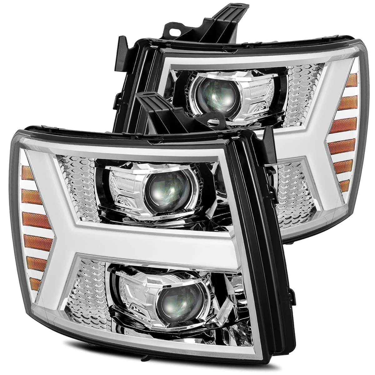 AlphaRex 07-13 Chevy 1500 LUXX LED Proj Headlights Plank Design Chrome w/ Activ Light/Seq Signal/DRL - 880222