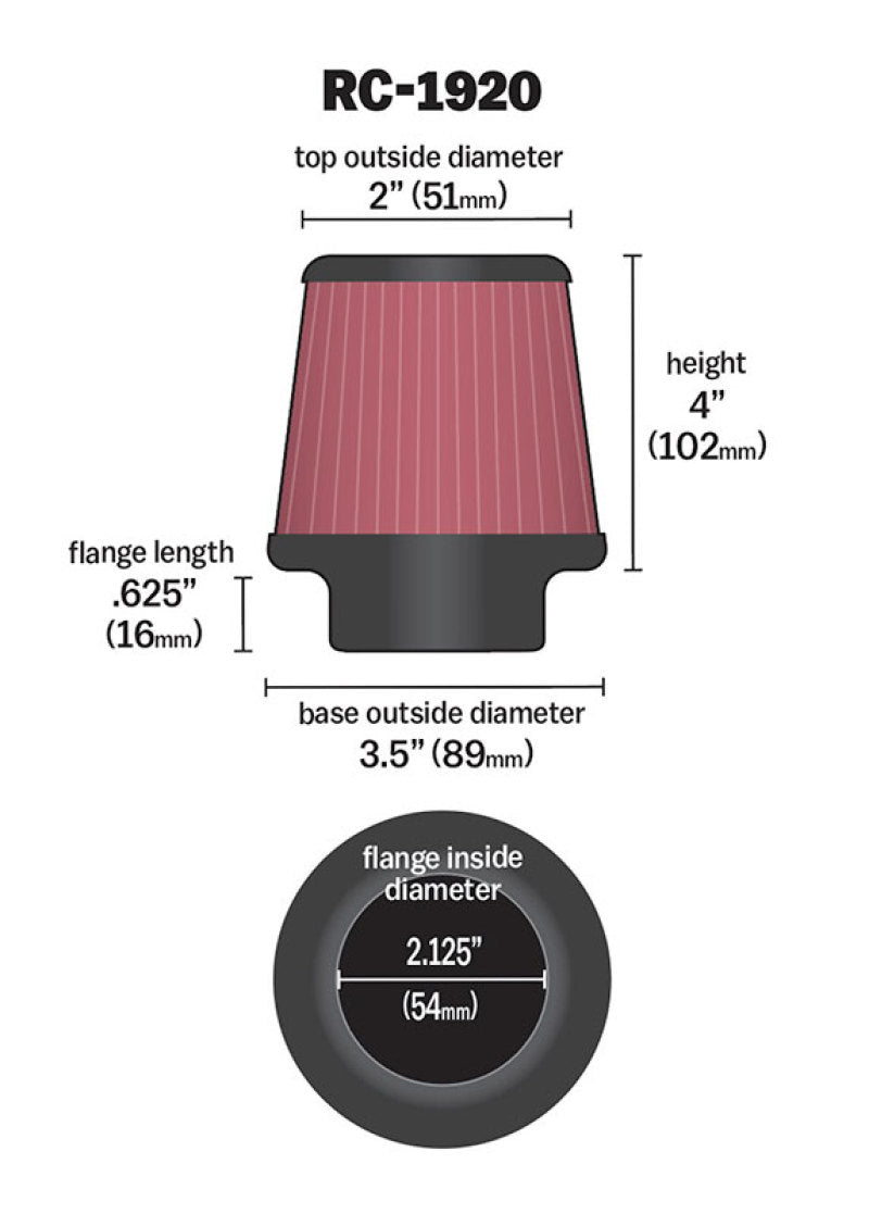 K&amp;N Universal Clamp-On Air Filter 2-1/8in Flange 3-1/2in Base 2in Top 4in Height - RC-1920