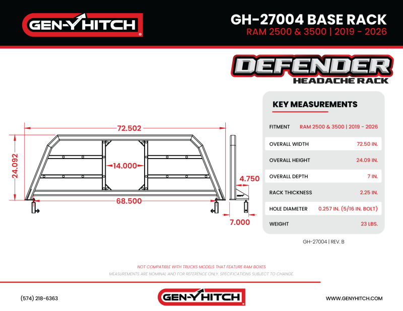 Gen-Y 19+ Dodge Ram 2500/3500 Defender Headache Rack Only - Black - GH-27004
