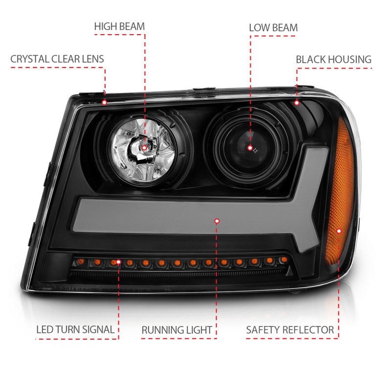 ANZO 2006-2009 Chevrolet Trailblazer Projector Headlights w/ Plank Style Design Black w/ Amber - 111390