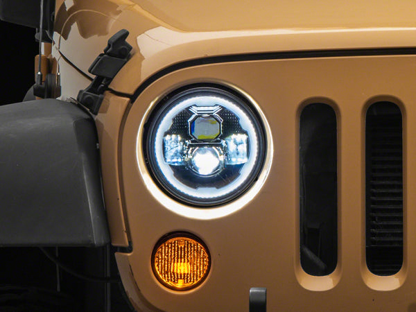 Raxiom 07-18 Jeep Wrangler JK Axial 7-In LED Headlights w/ DRL Turn Signals- Blk Housing (Clear) - J173078 for 2007-2018 Jeep