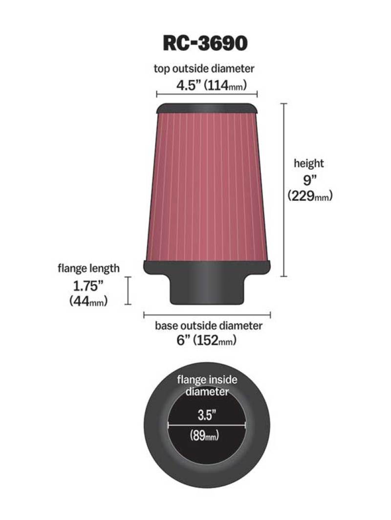 K&amp;N Universal Chrome Filter 3 1/2 inch ID FLG / 6 inch Bottom / 4 1/2 inch CR / 9 inch Length - RC-3690