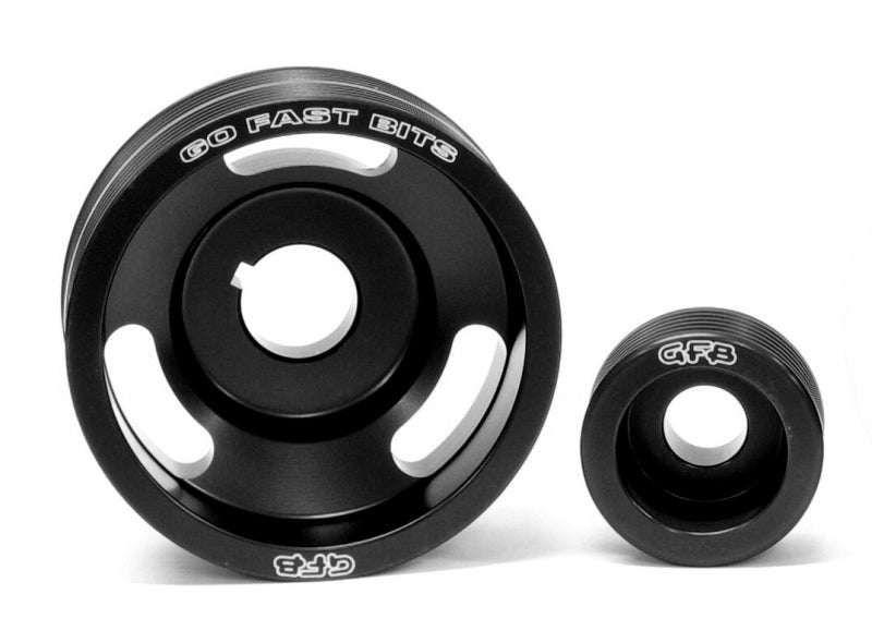GFB 02-10 WRX/STI 2 Piece Under-Drive Pulley Kit w/ Belts (Crank & Alternator) - 2001 for 1998-2007 Subaru Legacy - front vie