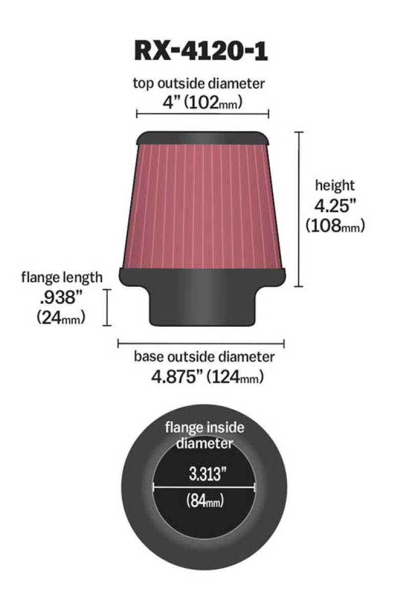 K&amp;N Universal X-Stream Clamp-On Air Filter 3.313in Flg ID/4.875in Base OD/4in Top OD/4.25in H - RX-4120-1