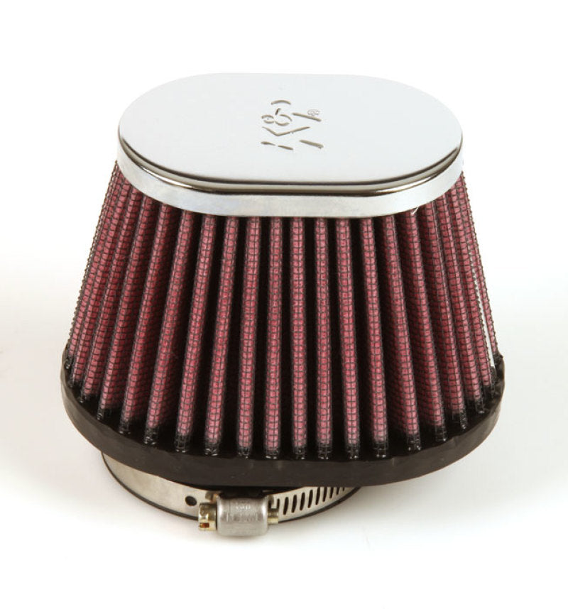 K&amp;N Uni Chrome Oval Tapered Filter 2.125in FlgID x 4inB OL x 3inB OW x 3inT OL x 2inT OW x 2.75in H - RC-0981