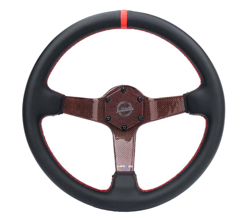 NRG Carbon Fiber Steering Wheel 350mm 3in Deep Red Carbon Fiber Red Stiching Red Center Mark Leather - RST-036CF-RD - front view