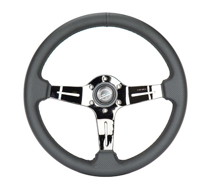 NRG Light Weight Gaming Steering Wheel - 350mm 3 Black Chrome Spokes Perforated Leather - ST-010BC-PR - front view