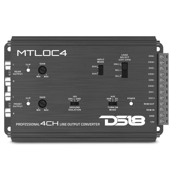 DS18 4-Chnl Speaker Emulator Remote Out Level Matching Controls LED Clip Indicator Hi/Low Converters - MTLOC4 - front view
