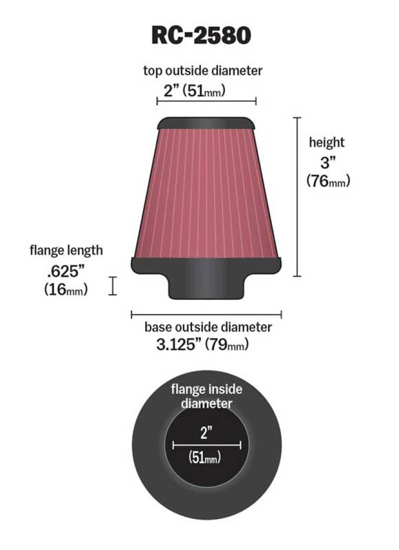 K&amp;N Universal Clamp-On Air Filter 2in FLG / 3-1/8in B / 2in T / 3in L - RC-2580