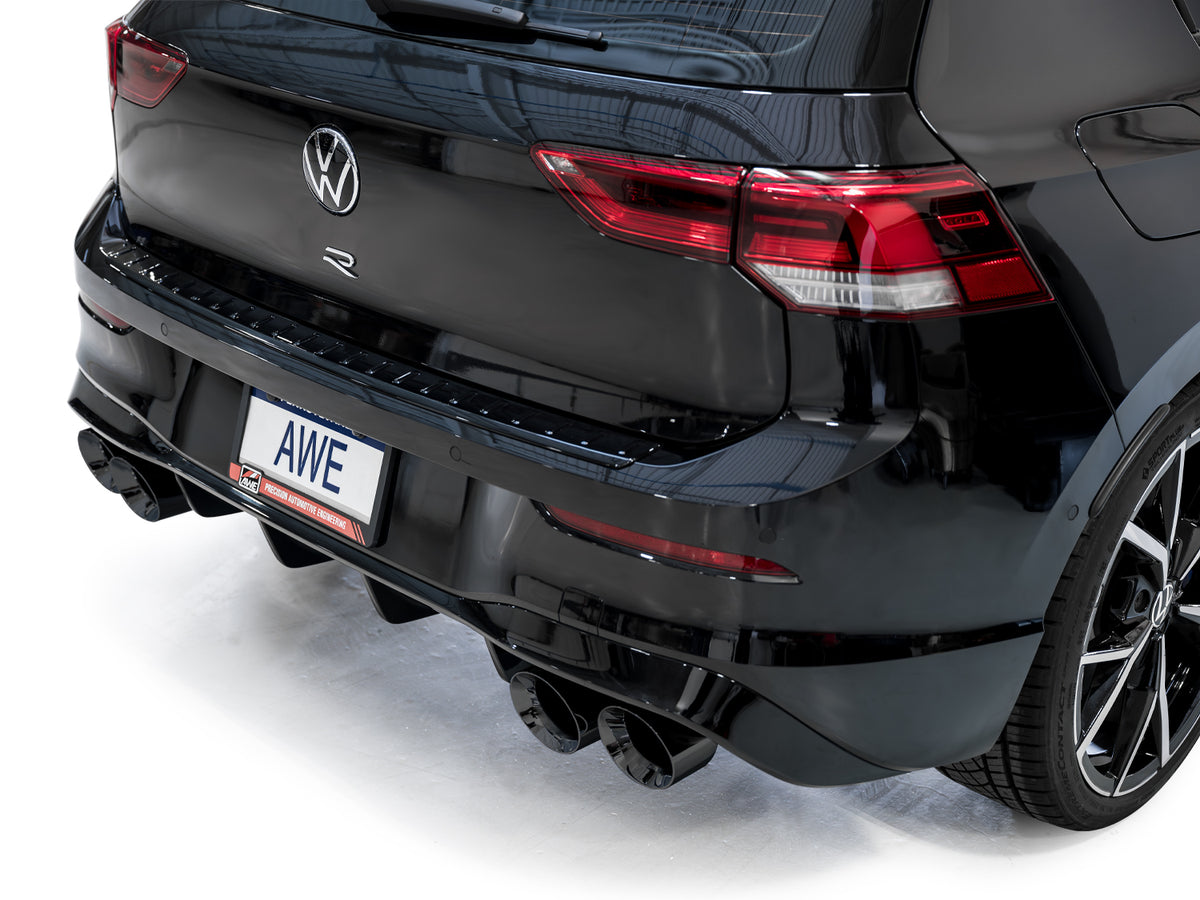 AWE MK8 Volkswagen Golf R 3in Track Edition Quad Exhaust - Diamond Black Tips - 3020-43658