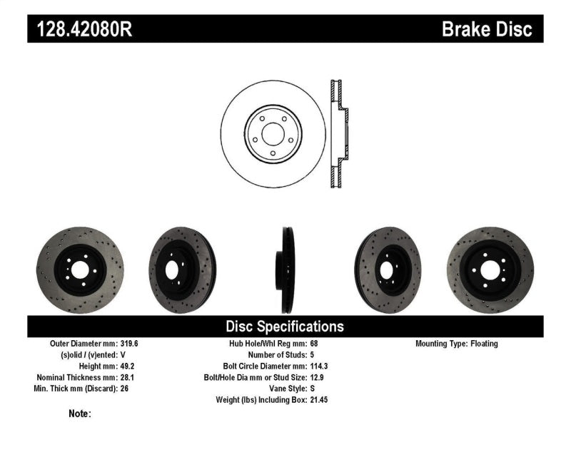 StopTech 08-09 Infiniti EX35 / 05-08 G35 / 09 G37 / 06-09 M35/M45 Drilled Right Front Rotor - 128.42080R