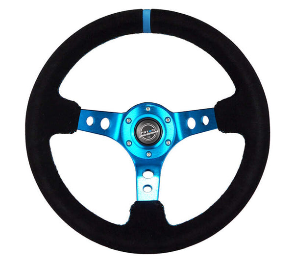 NRG Reinforced Steering Wheel (350mm) 3in Deep Blue Spoke W/ Holes - Black Suede Blue Stripe/Stitch - RST-006S-BL - front view