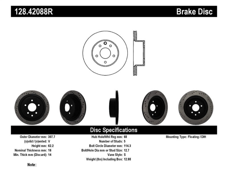 StopTech 08-09 Infiniti EX35 / 05-08 G35 / 09 G37 / 06-09 M35/M45 Drilled Right Rear Rotor - 128.42088R