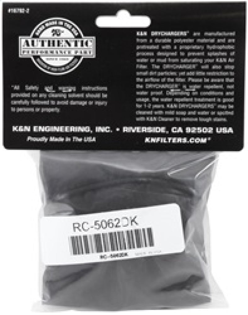 K&amp;N 4.5in Base ID x 3.5in Top ID x 6in H - Black - Round Tapered - DryCharger Air Filter Wrap - RC-5062DK