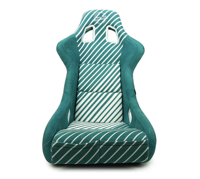 NRG FRP Bucket Seat - 20 Year Anniversary - Microfiber Green w/ White Stripes & Arrow Design - Large - FRP-302TWTY-GN - front view