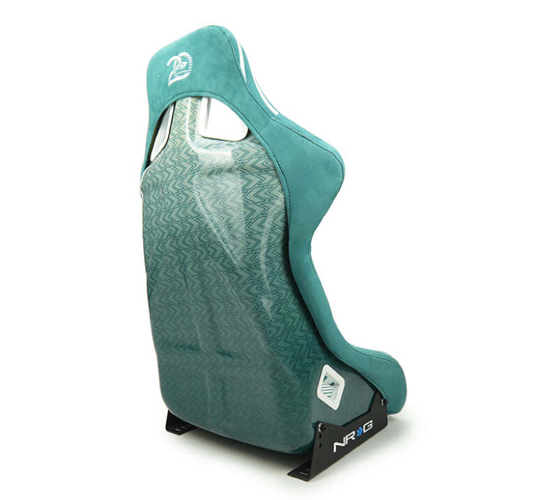 NRG FRP Bucket Seat - 20 Year Anniversary - Microfiber Green w/ White Stripes & Arrow Design - Large - FRP-302TWTY-GN - close-up view 2