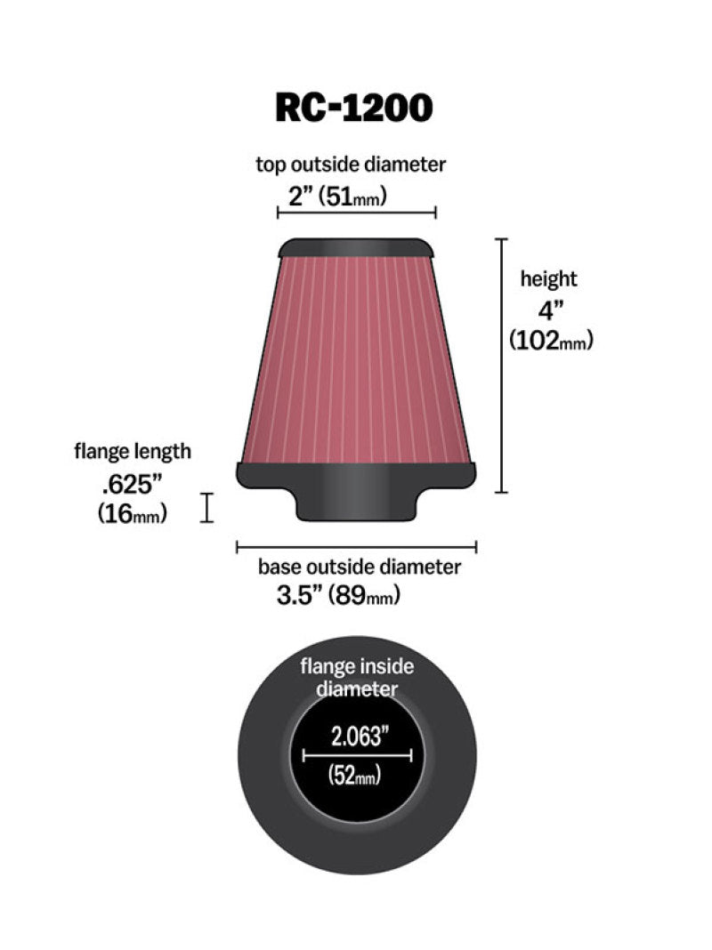 K&amp;N Universal Chrome Filter 2.063in Flange ID x 3.5in Base OD x 2in Top OD x 4in H - RC-1200