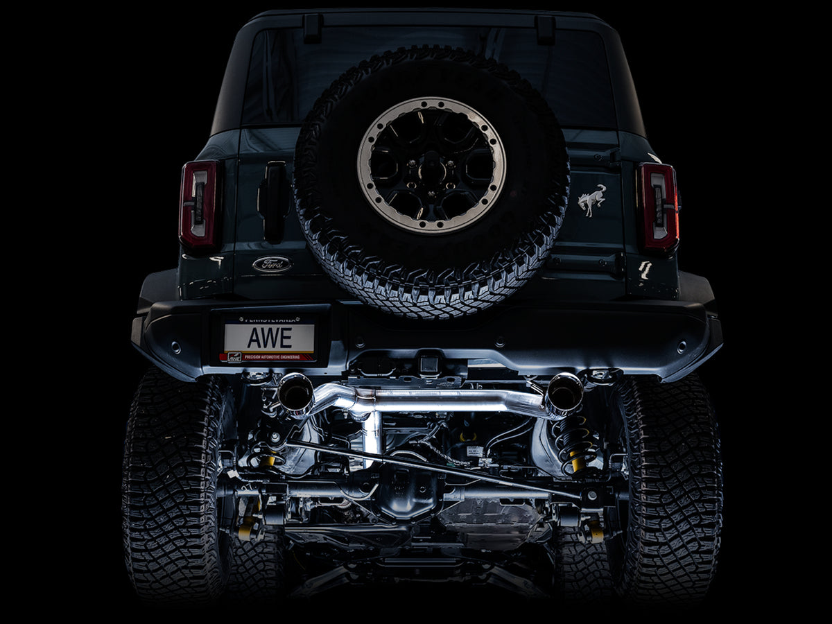 AWE Tuning 2021+ Ford Bronco 0FG Dual Rear Exit Exhaust w/Diamond Black Tips & Bash Guard - 3015-33456