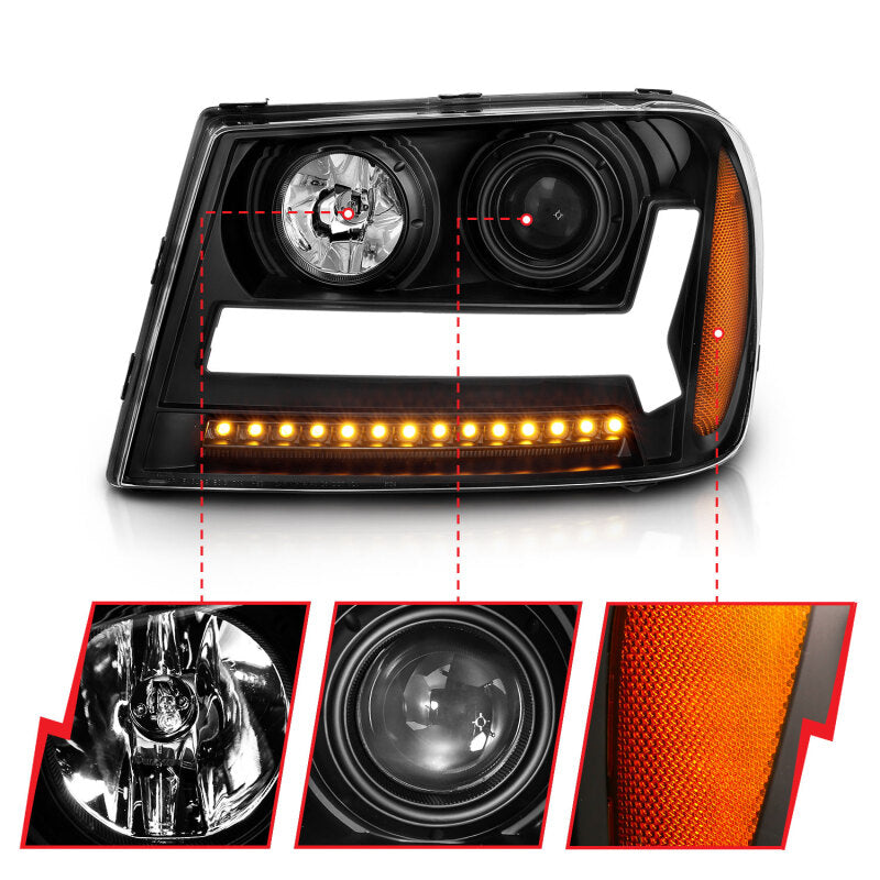 ANZO 2006-2009 Chevrolet Trailblazer Projector Headlights w/ Plank Style Design Black w/ Amber - 111390