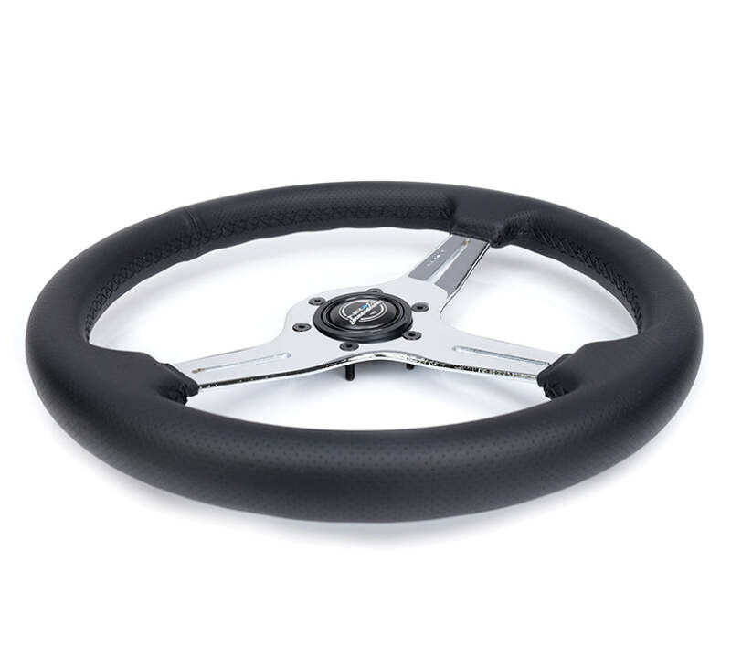 NRG Light Weight Gaming Steering Wheel - 350mm 3 Chrome Silver Spokes Perforated Leather - ST-018CH-PR - close-up view