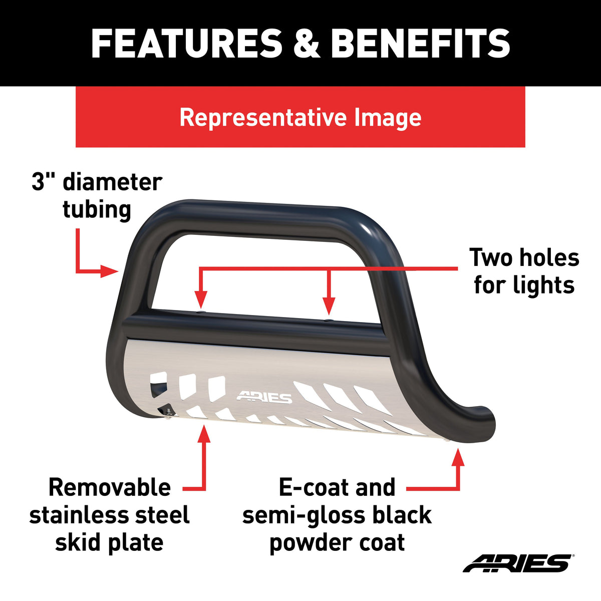 ARIES B35-4017 3-Inch Black Steel Bull Bar, No-Drill, Select Chevrolet Silverado, GMC Sierra 1500